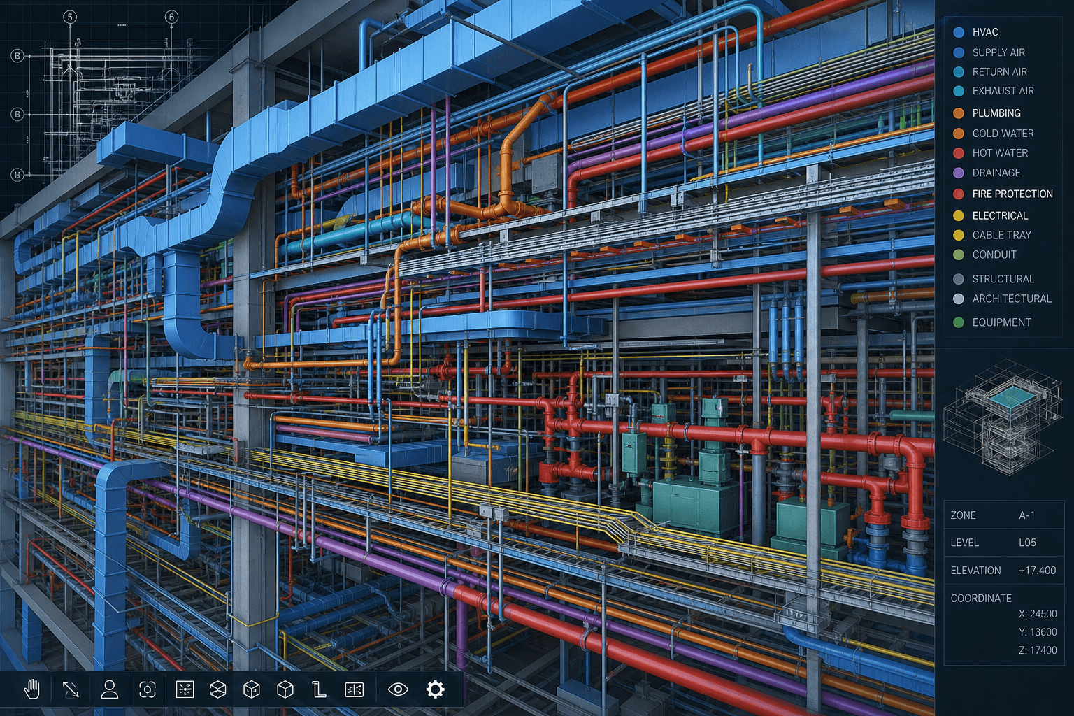 Close-up view of a dense MEP coordination model