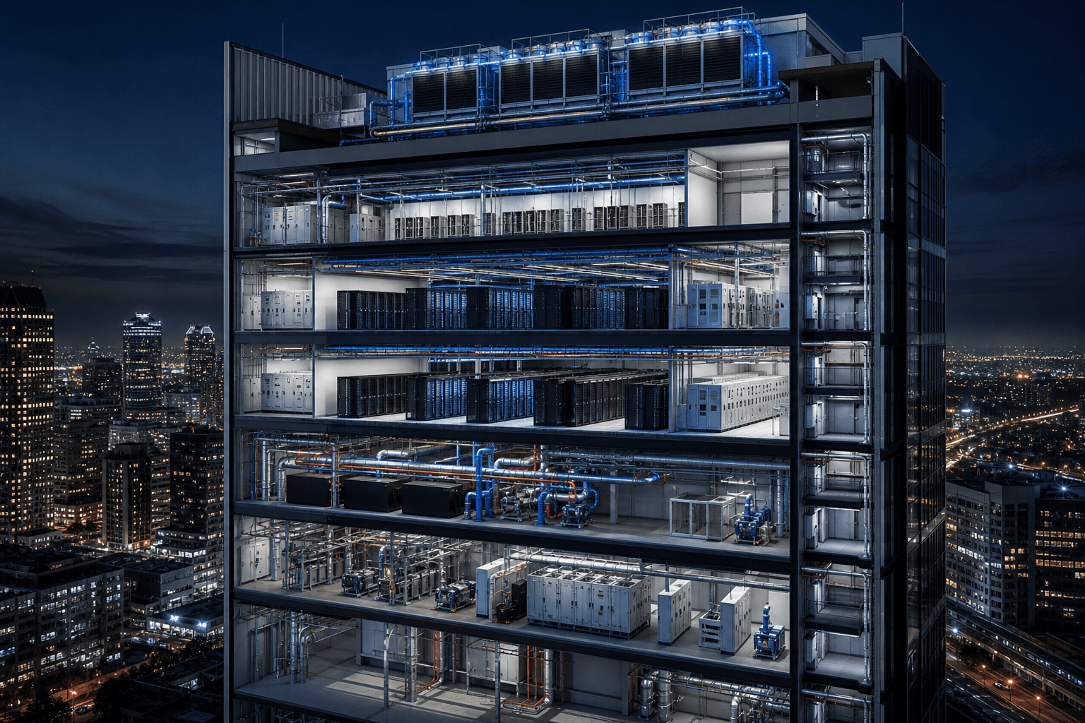Data centre tower section cut showing mission-critical cooling and power MEP