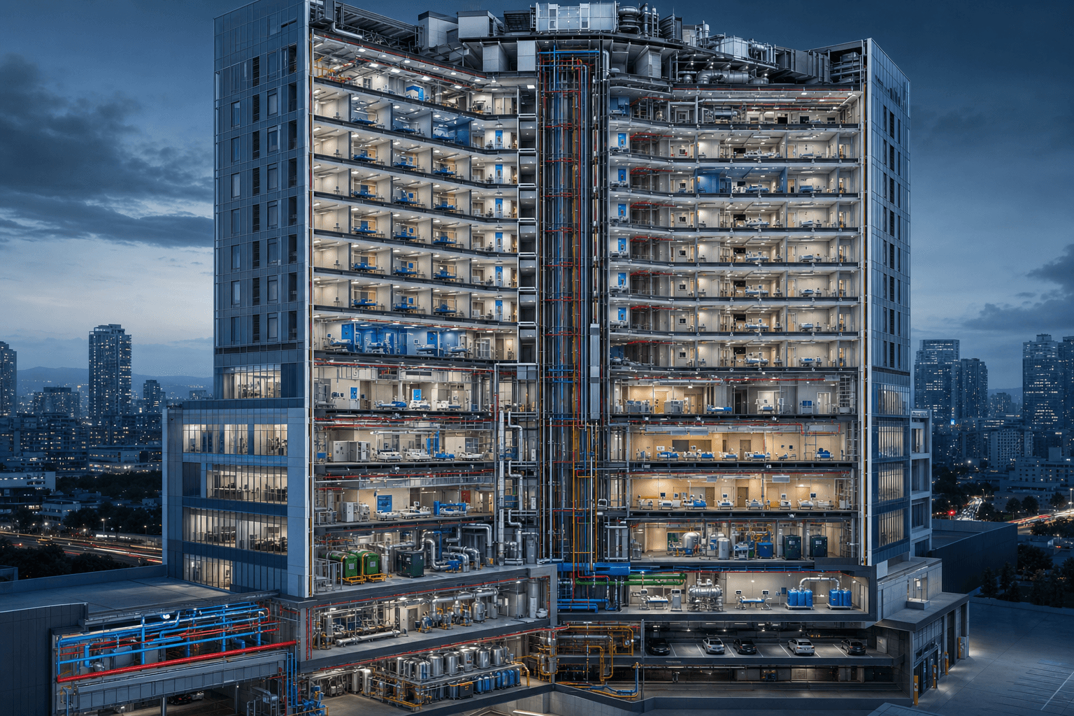 Healthcare tower section cut revealing acute care MEP and medical gas systems