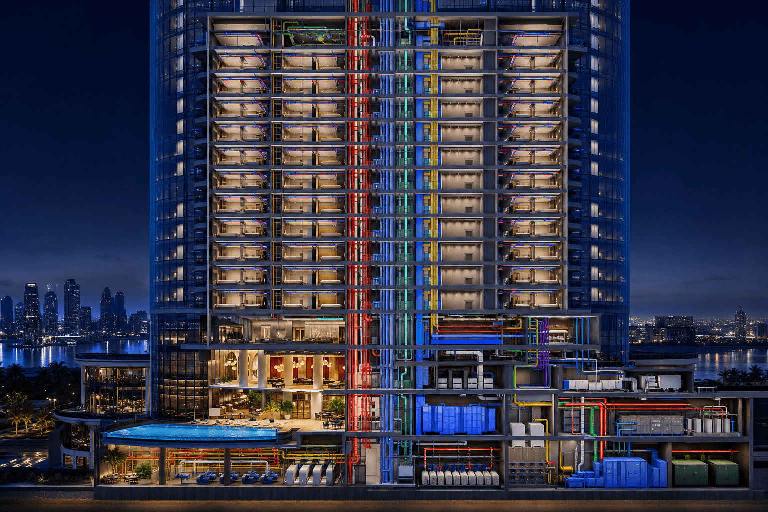 Luxury hotel skyscraper section cut with hospitality MEP plant and risers