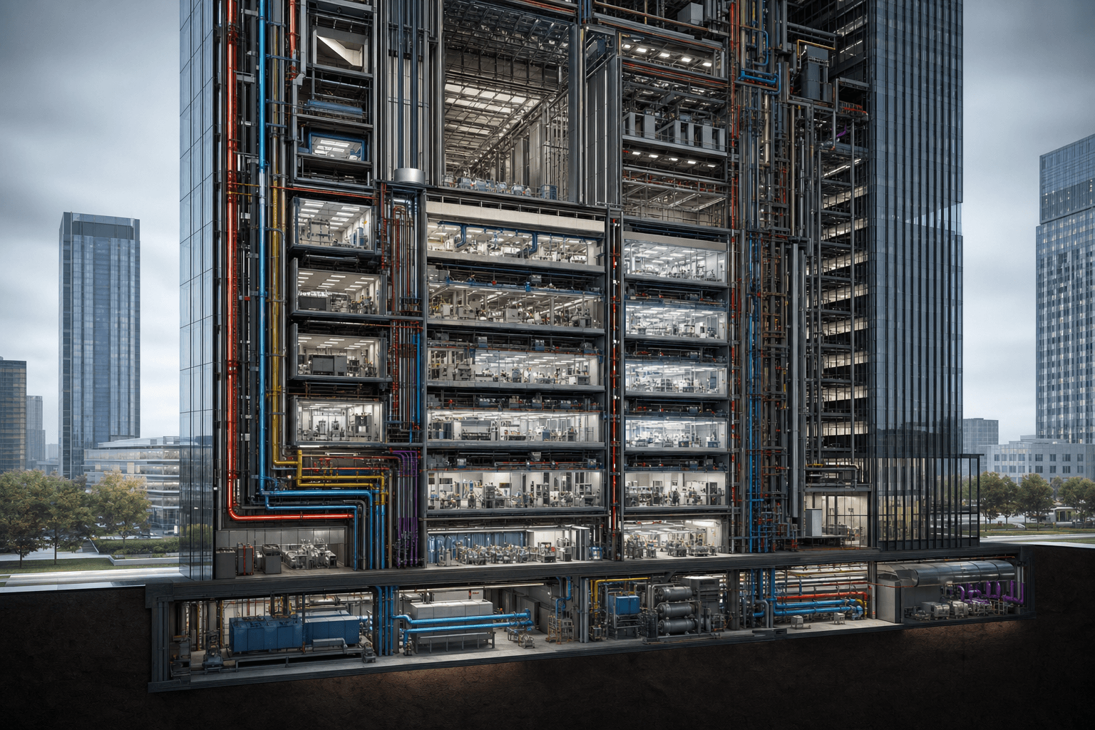Advanced manufacturing tower section cut with process and cleanroom MEP systems