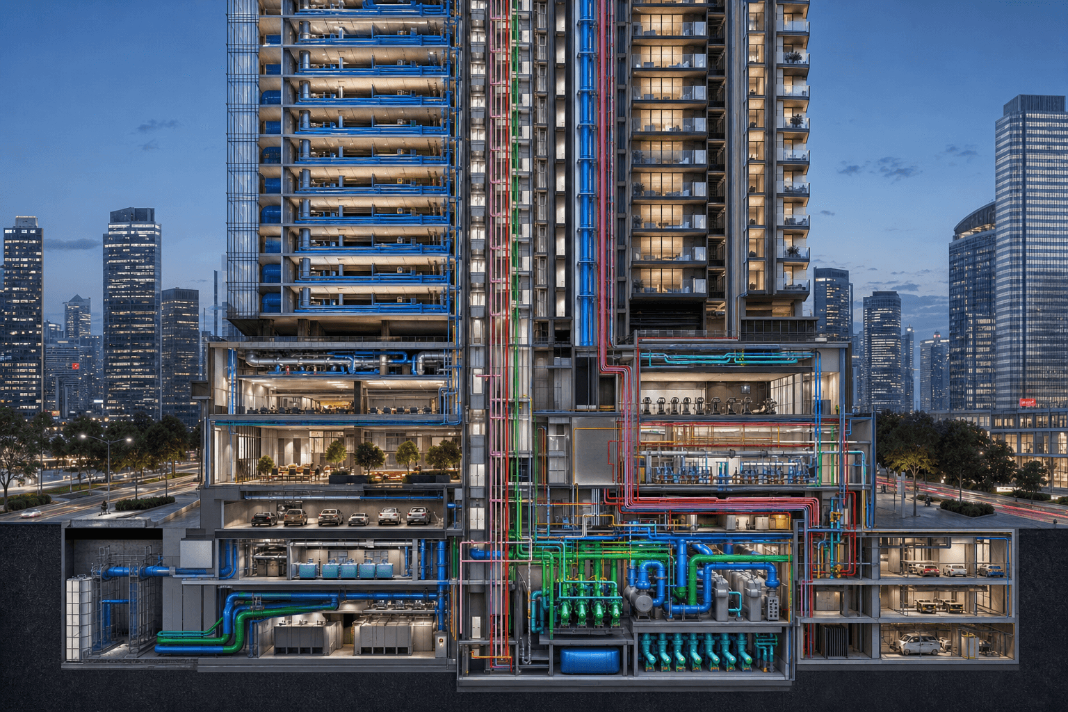 Mixed-use skyscraper section cut with shared plant and integrated MEP risers