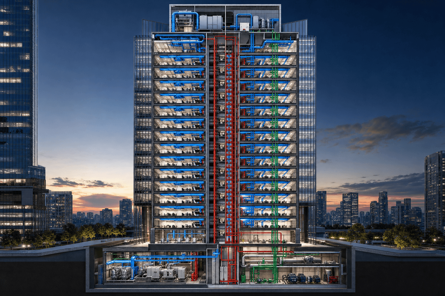 Grade A commercial skyscraper section cut showing building services MEP